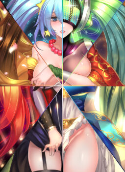 1girl alternate_costume alternate_hair_color aqua_hair arcade_sona areola_slip black_thighhighs blonde_hair blush breasts commentary_request covering_privates covering_breasts dj_sona dress dress_tug eyes_visible_through_hair female_focus garter_straps green_eyes groin guqin_sona hair_between_eyes highres large_breasts league_of_legends lips lipstick long_hair looking_at_viewer makeup mask mosaic_art muse_sona nail_polish no_panties parted_lips partially_visible_vulva pd_(pdpdlv1) pentakill_(league_of_legends) pentakill_sona red_hair short_dress silent_night_sona solo sona_(league_of_legends) thighhighs twintails very_long_hair