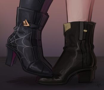 2girls bernirera black_shoes boots commentary english_commentary feet foot_focus high_heel_boots high_heels highres honkai:_star_rail honkai_(series) implied_yuri kafka_(honkai:_star_rail) lower_body multiple_girls pale_skin shoes signature simple_background standing standing_on_another&#039;s_feet stelle_(honkai:_star_rail) trailblazer_(honkai:_star_rail)