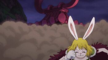 animated animated_gif anime_screenshot beast_pirates_uniform bikini blonde_hair bouncing_breasts breasts cape carrot_(one_piece) fur-trimmed_cape fur_cape fur_trim furry furry_female green_bikini happy jumping large_breasts navel o-ring o-ring_bikini one_piece rabbit_ears rabbit_girl rabbit_tail short_hair shoulder_pads swimsuit
