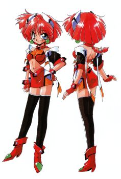 1990s_(style) 1girl back black_thighhighs blue_eyes earrings eyelashes fingerless_gloves full_body gloves hand_on_own_hip highres jewelry light_smile looking_at_viewer midriff miniskirt multiple_views narrow_waist navel non-web_source official_art pencil_skirt red_gloves red_hair red_shoes retro_artstyle shoes short_hair side_slit simple_background skirt smile standing suzuki_noritaka thighhighs turnaround uchuu_kaitou_funny_bee white_background