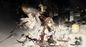 2girls a9219669 absurdres alternate_form armlet belion_(zenless_zone_zero) breasts brown_hair china_dress chinese_clothes commentary_request dress droopy_ears food gradient_hair hair_ornament highres horns horse_girl jewelry lantern medium_breasts multicolored_hair multiple_girls red_eyes single_horn sleeveless streaked_hair tree white_hair ye_shunguang zenless_zone_zero