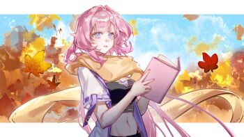 1girl autumn_leaves blue_eyes blue_sky book border breasts chinese_commentary commentary_request crop_top elf elysia_(honkai_impact) falling_leaves highres holding holding_book honkai_(series) honkai_impact_3rd jacket large_breasts leaf long_hair midriff navel pink_hair pointy_ears procreate_(medium) scarf seawave02974 sky solo very_long_hair white_border white_jacket yellow_scarf