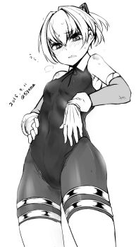 1girl bare_shoulders bike_shorts bike_shorts_under_leotard blush breasts dated dated_commentary detached_sleeves from_below gloves greyscale hair_between_eyes hand_on_own_stomach kantai_collection leotard looking_at_viewer monochrome neck_ribbon ribbon shiranui_(kancolle) sigama simple_background small_breasts solo thigh_strap twitter_username