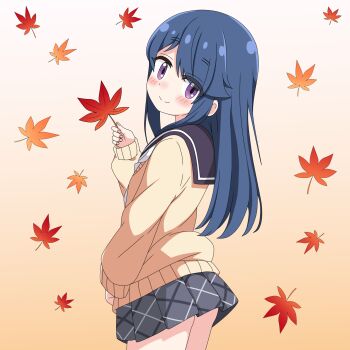 1girl ass_peek autumn_leaves blue_hair blue_sailor_collar blush brown_background cardigan closed_mouth cowboy_shot falling_leaves from_behind gradient_background grey_skirt highres holding holding_leaf leaf long_hair long_sleeves looking_at_viewer looking_back maple_leaf motosu_school_uniform neckerchief plaid_clothes plaid_skirt pleated_skirt purple_eyes sailor_collar sakuzo school_uniform shima_rin skirt smile solo white_background white_neckerchief yellow_cardigan yurucamp
