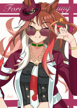 Rule 34 | 1girl, absurdres, animal ears, black shirt, bracelet, braid, breasts, brown hair, character name, choker, closed mouth, commentary request, ears through headwear, fedora, forever young (racing) (umamusume), forever young (umamusume), green choker, green eyes, hat, highres, horse ears, horse girl, innocent iru816, jacket, jewelry, long hair, looking at viewer, medium breasts, midriff, multicolored hair, necktie, one eye closed, red-tinted eyewear, red jacket, red streaks, ring, shirt, smile, solo, star (symbol), streaked hair, sunglasses, tinted eyewear, tongue, tongue out, umamusume, upper body, white necktie, white streaks
