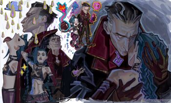 1boy 1girl absurdres arcane:_league_of_legends arcane_jinx arm_around_back arm_behind_head ascot bare_shoulders black_boots black_hair black_jacket black_sclera black_shirt blue_hair bomb boots breasts closed_eyes cloud_tattoo collared_shirt colored_sclera crop_top derivative_work explosive french-unicorn full_body gold_trim hair_slicked_back hand_in_another&#039;s_hair hand_on_own_hip heterochromia highres holding holding_bomb jacket jinx_(league_of_legends) league_of_legends long_hair midriff multicolored_hair multiple_views open_mouth pants purple_pants rain red_eyes red_shirt shirt short_hair silco_(arcane) small_breasts streaked_hair striped_clothes striped_pants tattoo tongue tongue_out upper_body v walking white_ascot white_eyes white_hair