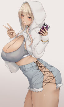 1girl absurdres black_choker blonde_hair blunt_bangs blush bracelet breasts cellphone choker cleavage commentary_request covered_erect_nipples criss-cross_strings dark-skinned_female dark_skin denim denim_shorts from_side gradient_background grey_sports_bra gyaru hands_up high-waist_shorts highres holding holding_phone hooded_shrug jewelry large_breasts looking_at_viewer medium_hair mole mole_under_mouth multicolored_hair nail_polish original phone pink_hair ring ryuu. shorts shrug_(clothing) sleeves_past_wrists smartphone smile smoking_pipe solo sports_bra streaked_hair thick_thighs thighs v white_shrug