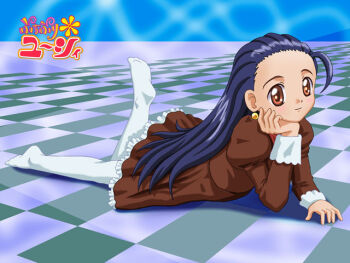 Rule 34 | 1girl, ahoge, artist name, bad id, blue hair, brown dress, brown eyes, checkered floor, closed mouth, copyright name, dated, dress, earrings, elbow rest, frilled dress, frills, hair slicked back, hand on own chin, hand up, head rest, jewelry, juliet sleeves, long hair, long sleeves, looking at viewer, lying, no shoes, on stomach, puchi puri yucie, puffy sleeves, sleeve cuffs, smile, solo, takachan, the pose, yucie