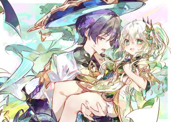 1boy 1girl absurdres bloomers cocoballking cross-shaped_pupils dress genshin_impact green_eyes green_hair green_sleeves hair_ornament half_crown_braid highres leaf_hair_ornament nahida_(genshin_impact) scaramouche_(genshin_impact) side_ponytail symbol-shaped_pupils underwear wanderer_(genshin_impact) white_bloomers white_hair