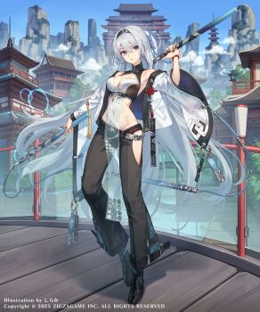 1girl absurdres architecture artist_name baek_hyang bare_shoulders black_bra black_hairband blue_sky bra bracelet breasts building character_request cleavage clothing_cutout copyright_notice crop_top earrings east_asian_architecture evertale grey_hair hairband highres hip_vent jacket jewelry long_hair long_sleeves medium_breasts mountainous_horizon multicolored_bra navel official_art outdoors purple_eyes sky solo tassel three_section_staff two-tone_bra underwear very_long_hair white_bra white_jacket wide_sleeves