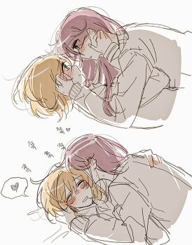 2girls blonde_hair blush closed_eyes daiba_nana green_eyes hair_down hand_on_another&#039;s_face heart hoshimi_junna kiss kissing_neck korean_text long_hair multiple_girls parted_lips purple_hair shoujo_kageki_revue_starlight simple_background spoken_heart suging_i sweat translation_request white_background yuri