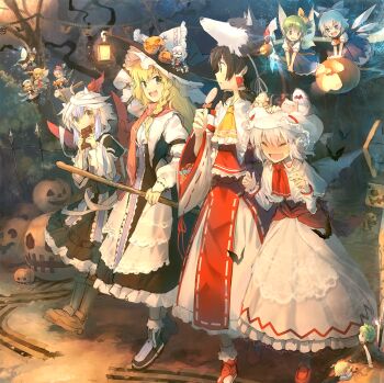 1boy 6+girls :d animal_ears ascot axe bad_id bad_pixiv_id bandages bat_(animal) bat_wings black_hair blonde_hair blue_eyes blue_hair blush boots bow braid broom brown_eyes candy chocolate cirno crying curiosities_of_lotus_asia daiyousei detached_sleeves dress drill_hair eating eho_(icbm) fairy fairy_wings food food_on_face green_hair hair_bow hair_tubes hakurei_reimu halloween hat head_wings highres horns ice ice_wings jack-o'-lantern kirisame_marisa lantern lollipop long_hair long_sleeves luna_child mini_person miniboy minigirl monkey morichika_rinnosuke multicolored_hair multiple_girls mystia_lorelei open_mouth pig pink_hair pointy_ears red_ascot red_eyes red_scarf remilia_scarlet rumia scarf shark short_hair single_braid smile star_sapphire sunny_milk team_9_(touhou) tears tokiko_(touhou) touhou weapon wings witch_hat wriggle_nightbug yellow_ascot