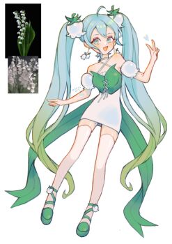 1girl :d alternate_costume aqua_eyes aqua_hair bare_shoulders commentary corset detached_sleeves dress earrings english_commentary flower full_body gradient_hair green_corset green_hair green_nails green_shoes hair_flower hair_ornament hatsune_miku highres jewelry lily_of_the_valley long_hair looking_at_viewer milktuart multicolored_hair open_mouth puffy_short_sleeves puffy_sleeves reference_inset shoes short_sleeves simple_background smile solo standing thighhighs twintails v vocaloid white_background white_dress white_thighhighs