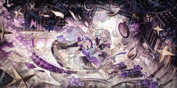 1girl absurdres asymmetrical_legwear bird boots braid commission crossed_bangs dot_nose dress eyelashes flower full_body hair_between_eyes highres holding holding_quill layered_dress long_hair long_sleeves looking_afar mismatched_legwear mole mole_under_eye original paper parted_lips pink_hair pocket_watch purple_dress purple_flower quill sidelocks solo star_(symbol) too_many_watermarks watch watermark white_bird yan_zi_yao_yu yellow_eyes