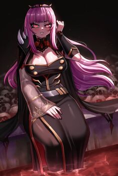 1girl absurdres black_cape black_dress black_tiara blood bone breasts cape cleavage detached_sleeves dress highres hololive hololive_english large_breasts long_hair looking_at_viewer mori_calliope mori_calliope_(1st_costume) pink_eyes pink_hair pool_of_blood rageman709 red_eyes shoulder_spikes sitting skull solo spiked_cape spikes tiara underworld veil virtual_youtuber