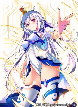 1girl animal animal_on_head bird bird_on_head blue_hair blue_nails breasts closed_mouth dress grey_hair hair_ornament hairpin lize_helesta long_hair looking_at_viewer lukyyuki medium_breasts nail_polish nijisanji on_head pelvic_curtain red_eyes sebastian_piyodore smile solo thighhighs white_dress white_thighhighs