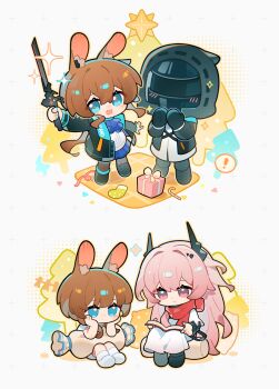 1other 2girls absurdres amiya_(arknights) amiya_(young)_(arknights) animal_ears arknights ascot black_horns black_jacket black_shoes blue_ascot blue_eyes book box brown_hair chibi chibi_only chinese_commentary closed_mouth commentary_request doctor_(arknights) dress fang_kucha_zi full_body gift gift_box hair_between_eyes hands_on_own_cheeks hands_on_own_face highres holding holding_book holding_sword holding_weapon hood hood_up hooded_jacket horns jacket long_hair long_sleeves looking_at_viewer multiple_girls open_book pillow pink_eyes pink_hair ponytail rabbit_ears rabbit_girl reading red_scarf scarf shoes sitting smile sparkle sword theresa_(arknights) tree weapon white_dress