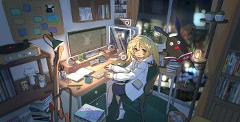 1girl absurdres akutagawa_yomuko algae alien artist_request black_eyes black_tail blonde_hair blurry book book_stack bookshelf bulletin_board cactus chair clock closed_mouth coat_rack coffee coffee_mug commentary_request computer computer_keyboard computer_mouse contrast_collar cork creature cup curtains depth_of_field desk dial digital_clock double-parted_bangs dress eraser fangs ficus_microcarpa floor floral_print floral_print_dress frog g-kun game_screenshot_inset gogh:_focus_with_your_avatar gogh_(girls_creation) grey_shorts guitar guitar_stand headphones highres hood hood_up ika_(gogh) indoors instrument jacket jar key_visual kokeshi kuroda_42 lamp lantern long_hair long_sleeves looking_at_another marimo monitor mousepad_(object) mug notepad official_art on_chair open_book open_clothes open_jacket open_mouth pencil peter_pan_collar phonograph phonograph_needle photo_(object) pink_dress plant pocket potted_plant print_dress promotional_art radio radio_antenna red_eyes rug sansevieria_(plant) scissors second-party_source shadow shelf shirt shorts sleeve_cuffs sleeveless sleeveless_dress smile socks sofubi-chan speaker sticky_note stuffed_animal stuffed_toy succulent_plant tail teddy_bear tongue toy trash trash_can twintails unzipped vinyl_record wall_shelf white_hood white_shirt white_sleeves white_socks window
