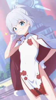 1girl blue_archive blue_eyes blue_hair blue_halo blunt_bangs blurry blurry_background blush braid braided_ponytail cherino_(blue_archive) cherino_(qipao)_(blue_archive) china_dress chinese_clothes coat coat_on_shoulders commentary covered_navel cowboy_shot day dress dutch_angle fake_facial_hair fake_mustache floral_print floral_print_dress fur-trimmed_coat fur_trim gloves halo hand_on_own_hip hand_up highres long_hair looking_at_viewer meruki official_alternate_costume official_alternate_hairstyle outdoors pelvic_curtain ponytail print_dress sidelocks sleeveless sleeveless_dress solo sparkle tareme twitter_username v-shaped_eyebrows white_dress white_gloves