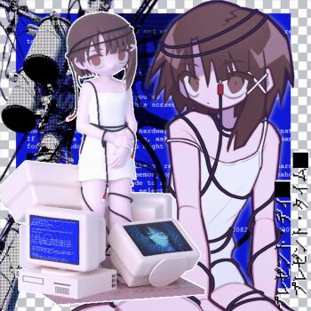 1girl 3d abstract_background animated animated_gif asymmetrical_hair blinking blue_screen_of_death brown_eyes brown_hair cable camisole chemise closed_mouth commentary computer crt english_commentary entangled fake_transparency full_body glitch hair_ornament hairclip iwakura_lain looking_at_viewer looping_animation monitor multiple_monitors multiple_views off_shoulder power_lines rotating_view serial_experiments_lain short_hair single_sidelock sleeveless upper_body utility_pole white_camisole x_hair_ornament yappari