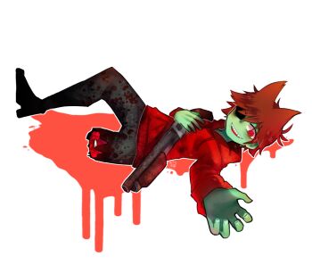 1boy animification blood brown_hair colored_skin commentary eddsworld english_commentary green_skin gun hair_ears holding holding_gun holding_weapon hood hood_down hoodie male_focus missing_eye missing_limb molechan outstretched_arm red_hoodie sharp_teeth short_hair simple_background smile solo teeth tord_(eddsworld) transparent_background weapon zombie