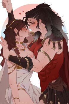 2girls absurdres artist_name artist_self-insert blush breasts brown_hair bruise half-closed_eyes heart highres injury kabedon large_breasts miza_feliz multiple_girls muscular muscular_female original parted_lips scar scar_across_eye scar_on_arm scar_on_face yuri