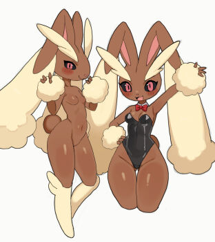 2girls :3 animal_ears animal_nose arm_up armpits bare_shoulders batrobin_k black_leotard black_sclera blush body_fur bow bowtie breasts brown_fur closed_mouth colored_sclera completely_nude covered_navel cropped_legs detached_collar full_body furry furry_female gen_4_pokemon gluteal_fold groin hand_on_own_hip hand_up hands_up happy highleg highres leotard looking_at_viewer lopunny multiple_girls multiple_views navel nintendo no_nipples no_pussy nude open_mouth outstretched_arm pink_eyes playboy_bunny pointy_ears pokemon pokemon_(creature) rabbit_ears rabbit_girl rabbit_tail red_bow red_bowtie red_eyes simple_background small_breasts smile standing stomach strapless strapless_leotard tail thigh_gap thighs traditional_bowtie two-tone_fur white_background wide_hips yellow_fur