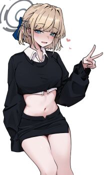 1girl alternate_costume alternate_hair_length alternate_hairstyle black_skirt black_sweater blonde_hair blue_archive blue_bow blue_eyes blunt_bangs blush bow breasts commentary crop_top cropped_shirt cropped_sweater guwall hair_bow halo heart long_sleeves looking_at_viewer medium_breasts midriff miniskirt navel open_mouth shirt short_hair simple_background skirt solo sweater toki_(blue_archive) v white_background white_shirt