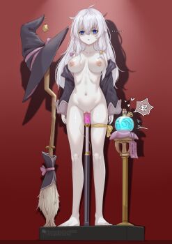 1girl absurdres alternate_breast_size black_jacket blue_eyes braid breasts broom censored dildo elaina_(majo_no_tabitabi) empty_eyes expressionless flask full_body hat highres jacket large_breasts leg_ribbon long_hair majo_no_tabitabi mosaic_censoring nipple_piercing nipple_rings nipples nude object_insertion off_shoulder one_bar_prison parted_lips personality_excrement piercing ribbon sex_toy side_braid solo spiked_dildo spoken_squiggle squiggle standing thigh_ribbon unworn_hat unworn_headwear vaginal vaginal_object_insertion white_hair witch_hat yakou_(4507770)