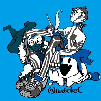 1boy 2girls arm_rest black_eyes black_hair blue_background blue_hat blue_leotard brown_hair claws commentary_request demi-fiend demon_(megami_tensei) fairy fang full-body_tattoo hand_on_another's_head hat head_rest jack_frost_(megami_tensei) leotard long_hair lying mini_person minigirl multiple_girls nekomata_(megami_tensei) on_stomach pixie_(megami_tensei) pointy_ears shin_megami_tensei shin_megami_tensei_iii:_nocturne shoes short_hair simple_background sitting skin_fang solid_oval_eyes tattoo topless_male twitter_username very_short_hair wokekec yellow_eyes