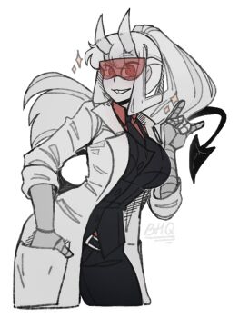 1girl \n/ artist_name belt black_belt black_jacket black_necktie black_pants bxbyglossie coat collared_shirt commentary demon_girl demon_horns english_commentary grin hand_in_pocket hand_up helltaker highres horns jacket lab_coat leaning_forward long_hair looking_at_viewer loremaster_(helltaker) necktie pants ponytail red-tinted_eyewear red_eyes red_shirt safety_glasses shirt sidelocks simple_background smile solo sparkle tinted_eyewear white_background white_coat white_hair