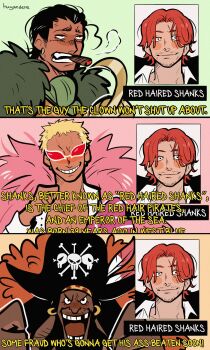 3boys absurdres artist_name ascot black_hair blonde_hair cigar commentary crocodile_(one_piece) donquixote_doflamingo earrings english_commentary english_text feather_cape green_ascot hair_slicked_back hat highres hook_hand huyandere jewelry marshall_d._teach missing_tooth multiple_boys one_piece pirate_hat red_hair shanks_(one_piece) shirt short_hair smoke stitched_face stitches sunglasses white_shirt