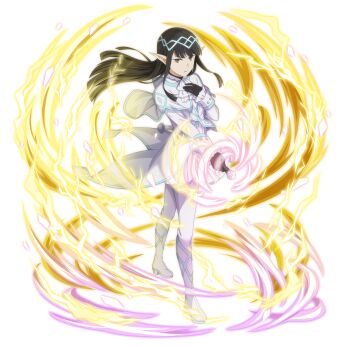 10s 1girl artist_request black_gloves black_hair boots crosier dress dual_wielding dungeon_ni_deai_wo_motomeru_no_wa_machigatteiru_darou_ka elf female_focus filvis_challia full_body gloves highres holding official_art pointy_ears red_eyes solo sword sword_oratoria weapon white_dress