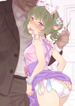 1boy 1girl age_difference apron apron_lift ass bead_bracelet beads blush bow bracelet breasts clothes_lift condom condom_belt condom_in_mouth crotch_seam drugged drugs green_eyes green_hair hair_bow hair_bun heart heart-shaped_pupils heart_print heisei_retro hetero highres idolmaster idolmaster_cinderella_girls jewelry jojifuku lifting_own_clothes loli looking_at_viewer matching_hair/eyes mole mole_under_eye mouth_hold neku_oneneko panties pill pill_on_tongue print_bow print_panties scrunchie short_hair short_sleeves sidelocks single_hair_bun small_breasts symbol-shaped_pupils syringe tagme takagaki_kaede tongue tongue_out ugly_bastard underwear used_condom white_bow white_panties wrist_scrunchie