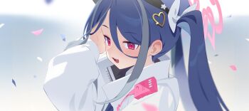 1girl absurdres arm_up blue_archive blurry blurry_background blush bow commentary_request fubuki_(blue_archive) hair_between_eyes hair_bow hair_ornament halo heart heart_hair_ornament highres jacket long_hair long_sleeves multicolored_hair open_mouth pink_halo ramuri red_eyes solo teeth upper_body upper_teeth_only white_bow white_jacket