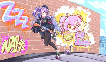 Rule 34 | 1girl, assault rifle, beret, black gloves, black hat, black jacket, brick wall, commentary, crescent, crescent hair ornament, eepy sleepy, eepy sleepy (sleepy 2.0), elf, english commentary, fingerless gloves, gloves, graffiti, gun, hair ornament, hat, highres, holding, holding gun, holding weapon, hood, hooded jacket, jacket, kalashnikov rifle, kghazir, long sleeves, navel, outdoors, pantyhose, phase connect, pointy ears, purple eyes, purple hair, rifle, shoes, short shorts, shorts, smile, sneakers, star (symbol), star hair ornament, virtual youtuber, weapon