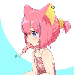 Rule 34 | 1girl, animal ear piercing, animal ears, bare shoulders, bell, blue background, blush, camisole, cat ears, cat girl, choker, commentary request, flat chest, food, food in mouth, from side, hair ornament, hair scrunchie, kemomimi oukoku kokuei housou, looking ahead, melting, mouth hold, multicolored hair, neck bell, nekomasu-chan, okui misohiko, pink choker, pink hair, popsicle, popsicle in mouth, purple eyes, purple hair, red camisole, scrunchie, short hair, short ponytail, simple background, solo, spaghetti strap, streaked hair, striped camisole, sweat, two-tone background, upper body, virtual youtuber, white background