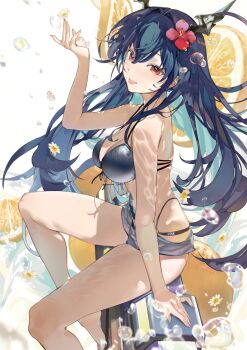 1girl arknights bare_arms bare_shoulders bikini black_bikini blue_hair breasts brown_eyes ch&#039;en_(arknights) ch&#039;en_the_holungday_(arknights) cleavage dragon_girl dragon_horns flower food fruit hair_flower hair_ornament hand_up highres horns lemon lemon_slice long_hair looking_at_viewer majiro_(mazurka) medium_breasts pink_flower shade single_bare_foot sitting solo swimsuit thighs tongue tongue_out water_drop