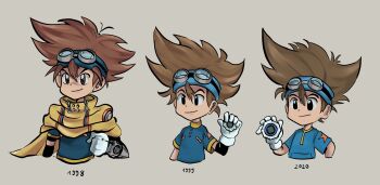 3boys blue_shirt brown_hair digimon digimon_adventure digimon_adventure:_(2020) digimon_adventure_v-tamer_01 digivice goggles goggles_on_head grey_background highres holding in-franchise_crossover male_focus multiple_boys nanbouo print_shirt shirt simple_background star_(symbol) star_print upper_body yagami_taichi yagami_taichi_(digimon_adventure_v-tamer_01)
