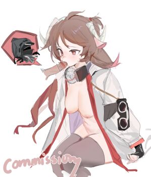 1boy 1girl arknights bar_censor black_gloves breasts brown_hair censored commentary_request commission doctor_(arknights) eyjafjalla_(arknights) fellatio fingerless_gloves gloves grey_thighhighs hetero highres horns jacket long_hair long_sleeves medium_breasts naked_jacket nipples open_clothes open_jacket oral penis pink_eyes sitting thighhighs white_horns white_jacket ydjc0604