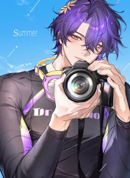 1boy absurdres black_bodysuit bodysuit camera closed_mouth commentary diving_suit dr._ratio_(honkai:_star_rail) goggles goggles_around_neck hair_between_eyes hair_ornament highres holding holding_camera honkai:_star_rail honkai_(series) lion_2929 long_sleeves male_focus orange_eyes purple_hair short_hair solo symbol-only_commentary