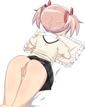 1girl absurdres anus arched_back ass black_skirt clothes_lift from_above from_behind hair_ribbon highres hugging_object juliet_sleeves kaname_madoka legs_together loli long_sleeves lying mahou_shoujo_madoka_magica mitakihara_school_uniform no_panties on_stomach pillow pillow_hug pink_hair plaid_clothes plaid_skirt puffy_long_sleeves puffy_sleeves pussy red_ribbon ribbon school_uniform shiny_skin short_hair skirt skirt_lift solo spiked_hair tew_(tewtewer) thigh_gap thighs twintails white_background