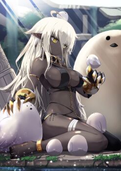 1girl ahoge black_skin breasts chain clawed_gauntlets collar colored_skin earrings elf hair_between_eyes highres jewelry medium_breasts namako_(namacotan) navel original pointy_ears single_thighhigh sitting solo thighhighs wariza white_hair yellow_eyes