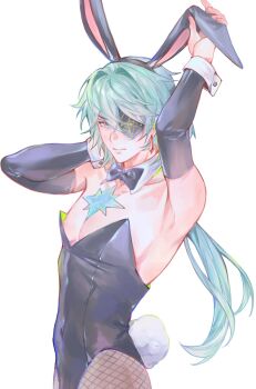 1boy alicevseliet anaxa_(honkai:_star_rail) animal_ears aqua_hair closed_mouth commentary crossdressing crossdressing_(mtf) detached_collar detached_sleeves eyepatch fake_animal_ears fishnet_pantyhose fishnets hair_between_eyes highres honkai:_star_rail honkai_(series) looking_at_viewer male_focus male_playboy_bunny nipples pantyhose rabbit_ears rabbit_tail simple_background solo symbol-only_commentary tail upper_body white_background wrist_cuffs