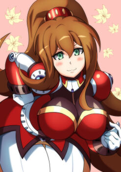 1girl absurdres android blush breasts brown_hair closed_mouth commentary_request gloves green_eyes hair_between_eyes hand_on_own_hip highres iris_(mega_man) iris_-another-_(mega_man) kotatuman_dash large_breasts long_hair looking_at_viewer mega_man_(series) mega_man_x_(series) mega_man_x_dive ponytail smile solo white_gloves