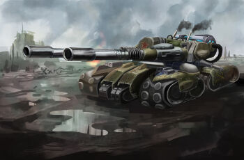apocalypse_tank artist_request caterpillar_tracks cloud command_&amp;_conquer command_&amp;_conquer:_red_alert command_&amp;_conquer:_red_alert_3 day hammer_and_sickle highres military military_vehicle motor_vehicle no_humans red_alert_3 ruins sky smoke tank vehicle_focus