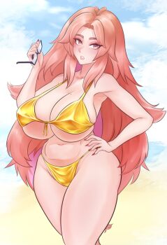 1girl 2025 ahoge beach bikini blush bracelet breasts chuchanchel clenched_hand clenched_teeth commentary cowboy_shot english_commentary female_focus gold_bikini gold_bracelet groin highres huge_breasts indie_virtual_youtuber jewelry long_hair looking_at_viewer mature_female mole mole_on_breast mole_under_eye navel outdoors pink_eyes pink_hair pink_nails scarlette_en solo standing swimsuit teeth thick_thighs thighs unworn_eyewear very_long_hair virtual_youtuber wavy_hair wide_hips