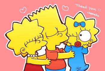1boy 2girls baby bart_simpson blue_bow blue_dress blue_pants bow brother_and_sister chawako_(spchawanmushi) closed_eyes colored_skin dress family heart highres hug jewelry kiss kissing_cheek lisa_simpson maggie_simpson multiple_girls necklace one_eye_closed pacifier pants pearl_necklace red_dress red_shirt shirt short_hair shorts siblings sleeveless sleeveless_dress spiked_hair thank_you the_simpsons toon_(style) yellow_skin