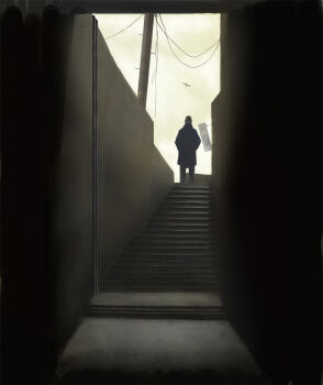 00s 1boy aoi_(gits) dark ghost_in_the_shell ghost_in_the_shell:_stand_alone_complex highres laughing_man_(gits) male_focus power_lines sign solo stairs sunlight utility_pole yellow-zon