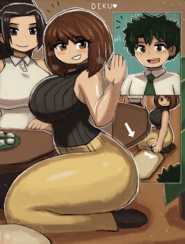 1boy 2girls arrow_(symbol) black_eyes black_hair black_shoes black_sweater blush boku_no_hero_academia breasts brown_eyes brown_hair comic cushion food freckles green_eyes green_hair green_necktie grin heart high_ponytail highres large_breasts long_hair looking_at_viewer midoriya_izuku multiple_girls necktie open_mouth pants plate ponytail school_uniform shirt shoes short_hair sleeveless sleeveless_shirt sleeveless_sweater smile sparkle spoken_heart sweater table teeth thick_thighs thighs tony_welt uraraka_ochako waving white_shirt wide_hips yaoyorozu_momo yellow_pants